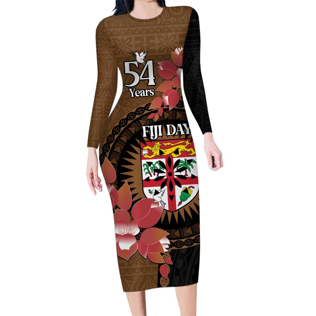 Personalised Fiji Day Family Matching Long Sleeve Bodycon Dress and Hawaiian Shirt Fijian Tapa Pattern Mix Tagimoucia - Brown Version LT14 Mom's Dress Brown - Polynesian Pride