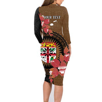Personalised Fiji Day Family Matching Long Sleeve Bodycon Dress and Hawaiian Shirt Fijian Tapa Pattern Mix Tagimoucia - Brown Version LT14 - Polynesian Pride