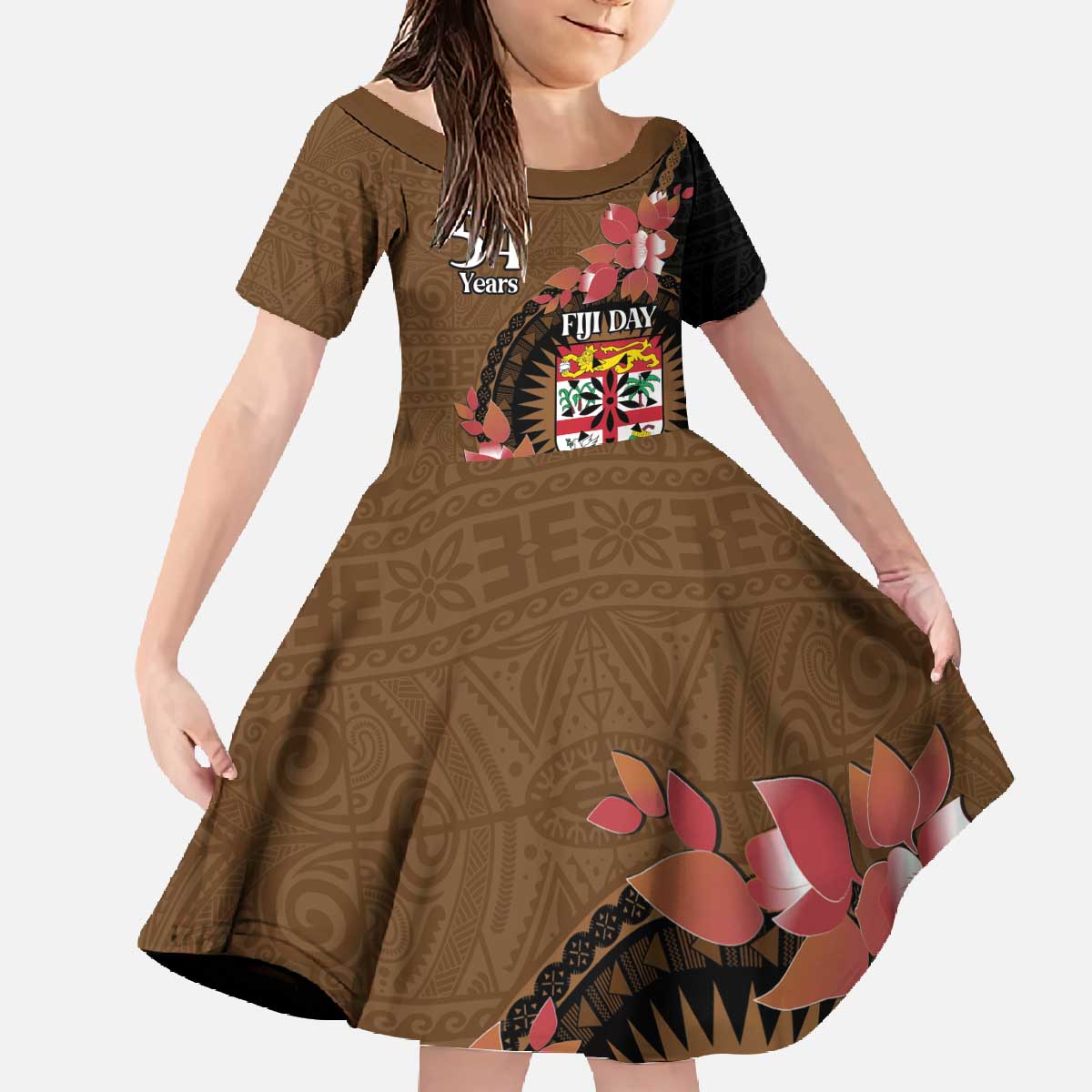 Personalised Fiji Day Family Matching Off The Shoulder Long Sleeve Dress and Hawaiian Shirt Fijian Tapa Pattern Mix Tagimoucia - Brown Version LT14 Daughter's Dress Brown - Polynesian Pride