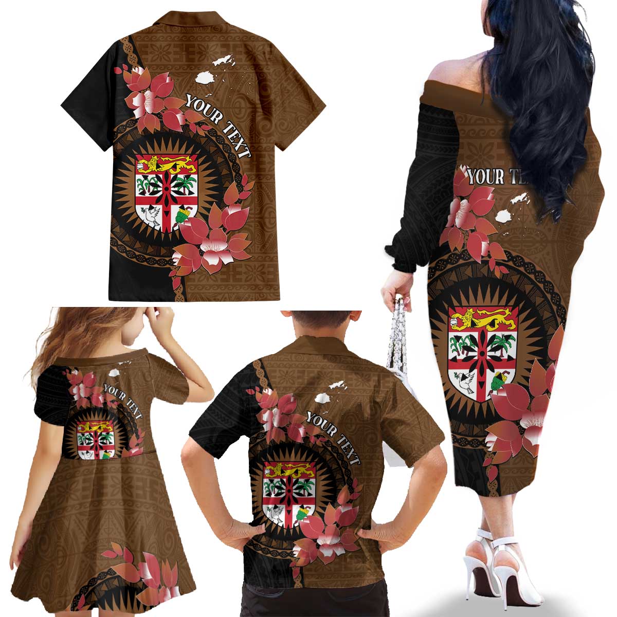 Personalised Fiji Day Family Matching Off The Shoulder Long Sleeve Dress and Hawaiian Shirt Fijian Tapa Pattern Mix Tagimoucia - Brown Version LT14 - Polynesian Pride