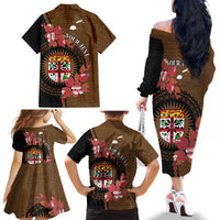 Personalised Fiji Day Family Matching Off The Shoulder Long Sleeve Dress and Hawaiian Shirt Fijian Tapa Pattern Mix Tagimoucia - Brown Version LT14 - Polynesian Pride
