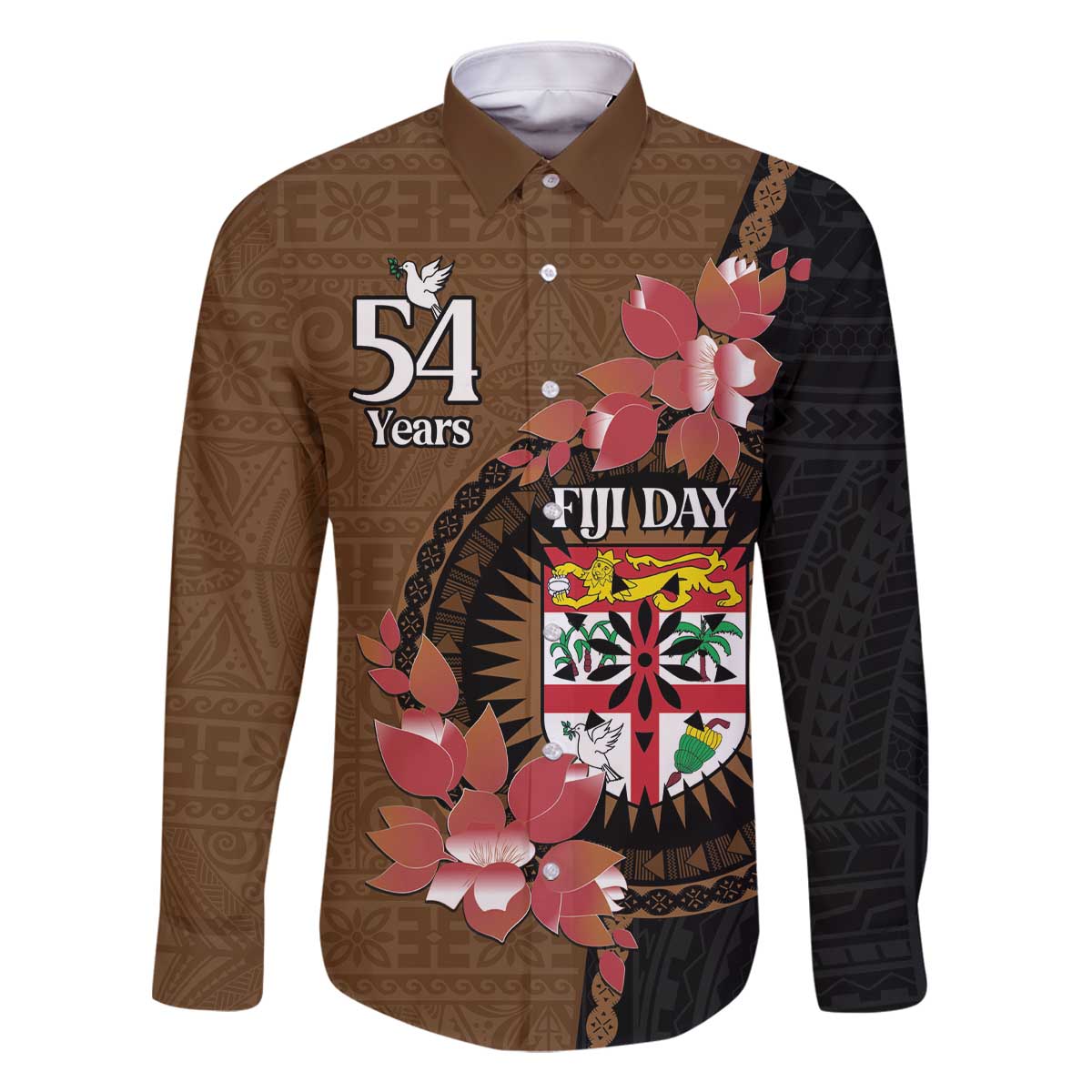 Personalised Fiji Day Family Matching Off The Shoulder Long Sleeve Dress and Hawaiian Shirt Fijian Tapa Pattern Mix Tagimoucia - Brown Version LT14 Dad's Shirt - Long Sleeve Brown - Polynesian Pride
