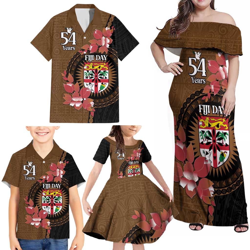 Personalised Fiji Day Family Matching Off Shoulder Maxi Dress and Hawaiian Shirt Fijian Tapa Pattern Mix Tagimoucia - Brown Version LT14 - Polynesian Pride