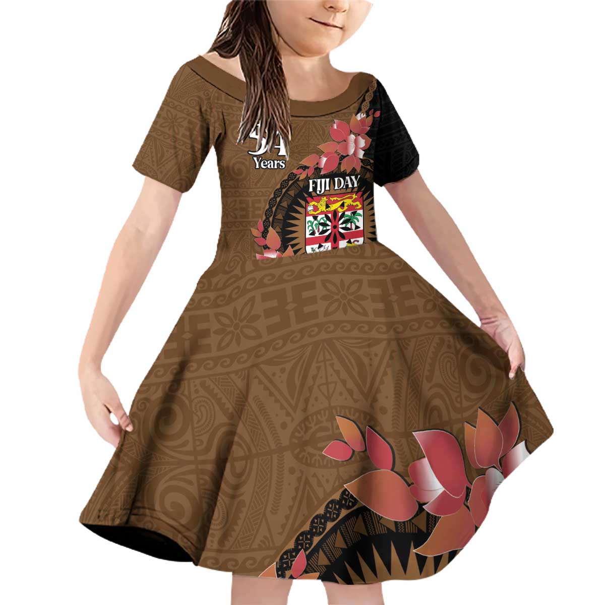 Personalised Fiji Day Family Matching Off Shoulder Short Dress and Hawaiian Shirt Fijian Tapa Pattern Mix Tagimoucia - Brown Version LT14 Daughter's Dress Brown - Polynesian Pride