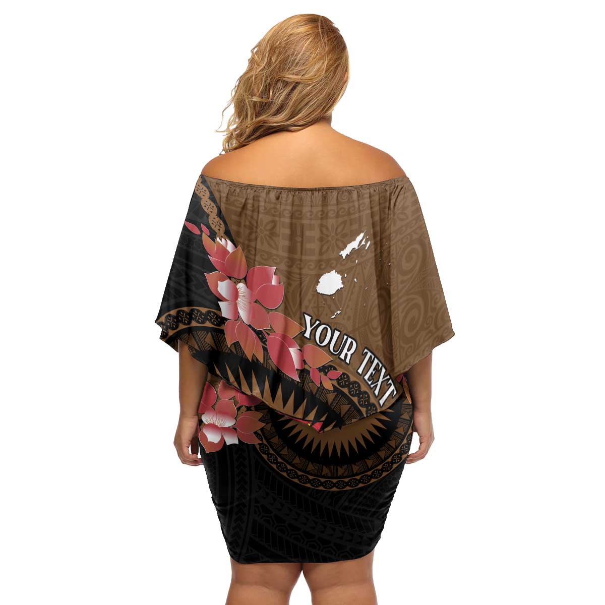 Personalised Fiji Day Family Matching Off Shoulder Short Dress and Hawaiian Shirt Fijian Tapa Pattern Mix Tagimoucia - Brown Version LT14 - Polynesian Pride