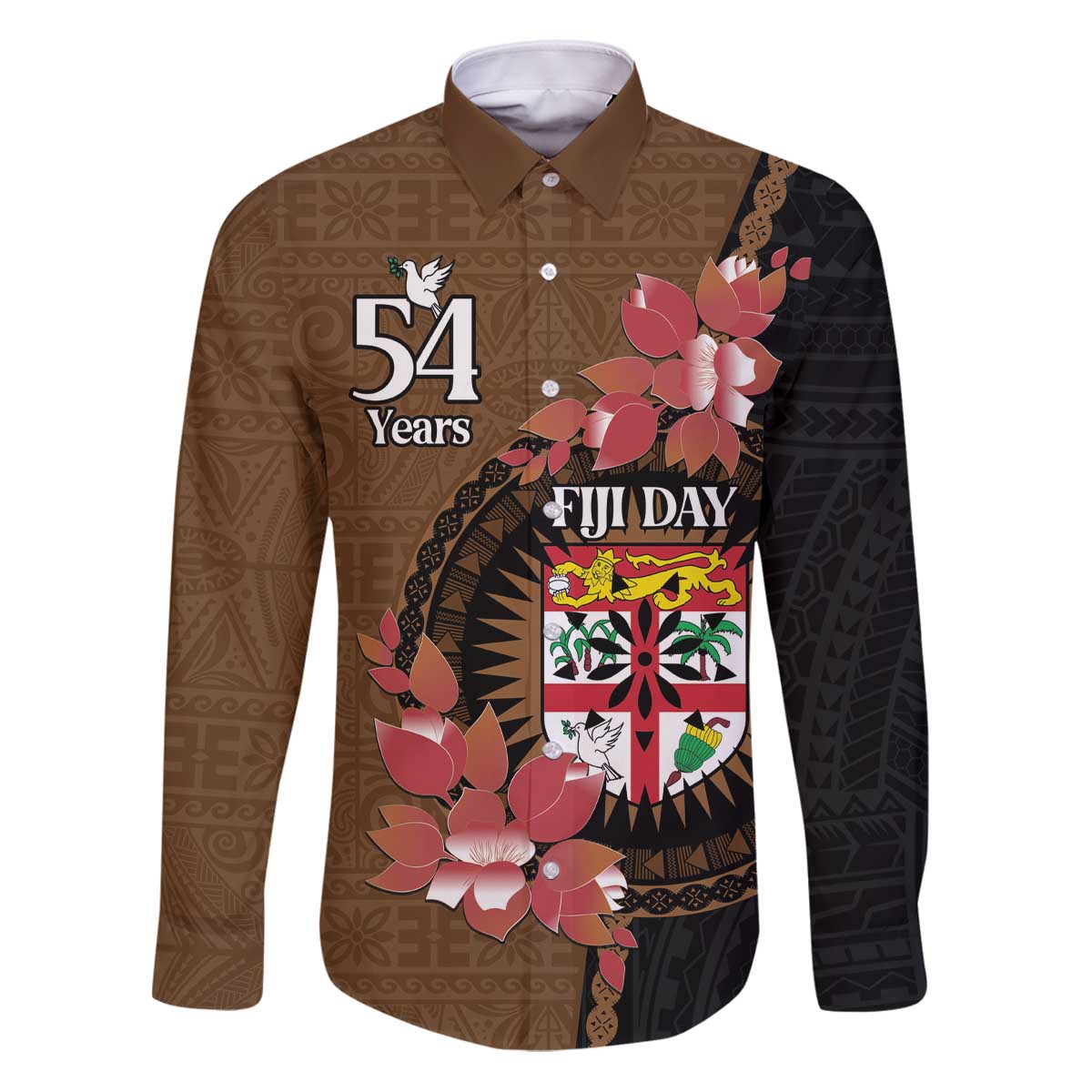 Personalised Fiji Day Family Matching Puletasi and Hawaiian Shirt Fijian Tapa Pattern Mix Tagimoucia - Brown Version LT14 Dad's Shirt - Long Sleeve Brown - Polynesian Pride