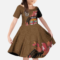 Personalised Fiji Day Family Matching Short Sleeve Bodycon Dress and Hawaiian Shirt Fijian Tapa Pattern Mix Tagimoucia - Brown Version LT14 Daughter's Dress Brown - Polynesian Pride