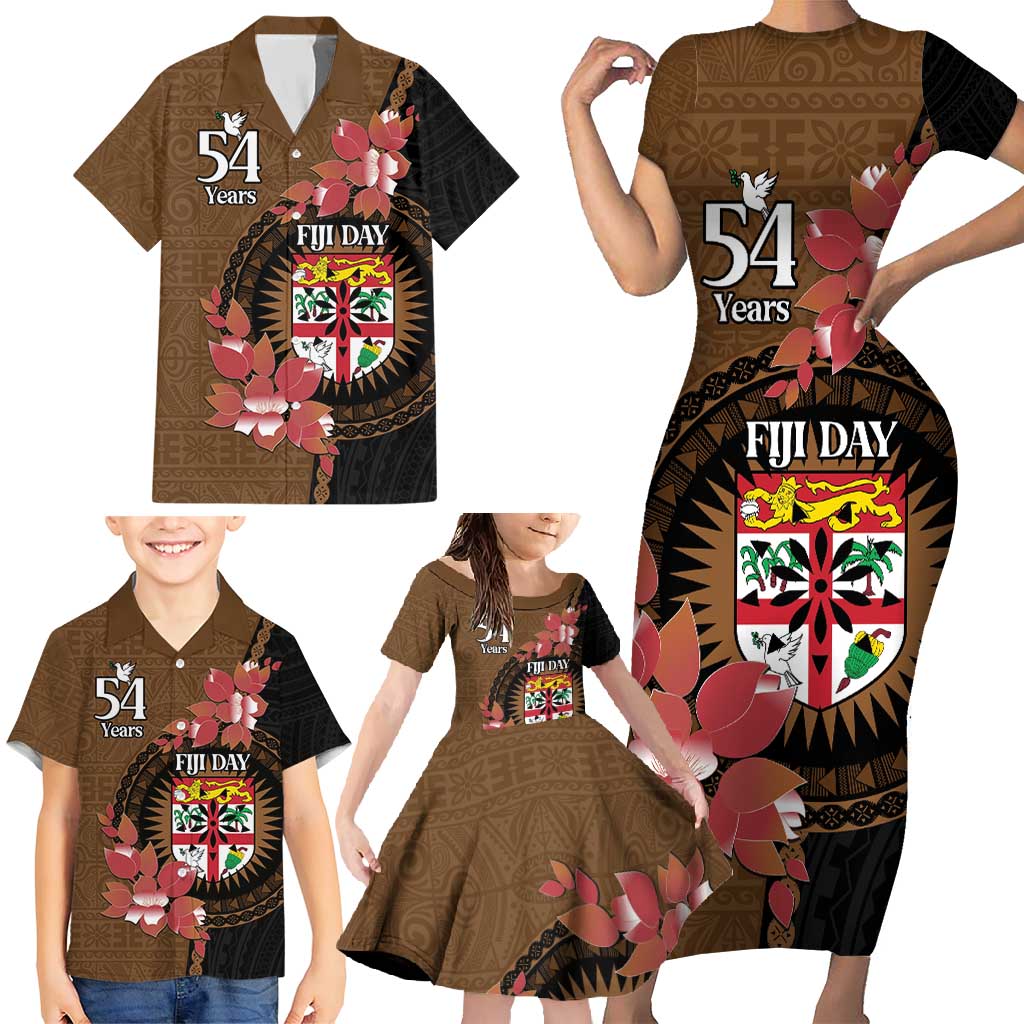 Personalised Fiji Day Family Matching Short Sleeve Bodycon Dress and Hawaiian Shirt Fijian Tapa Pattern Mix Tagimoucia - Brown Version LT14 - Polynesian Pride