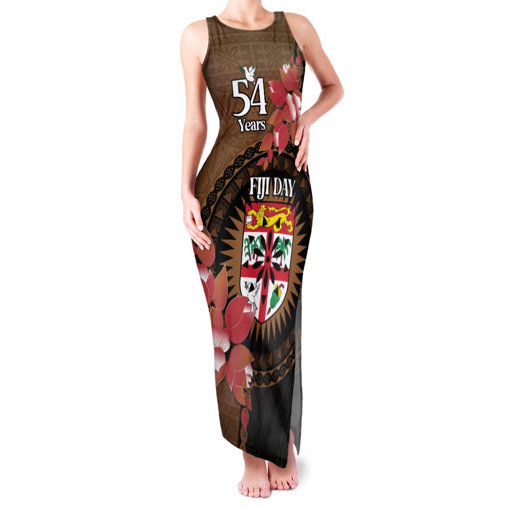 Personalised Fiji Day Family Matching Tank Maxi Dress and Hawaiian Shirt Fijian Tapa Pattern Mix Tagimoucia - Brown Version LT14 Mom's Dress Brown - Polynesian Pride