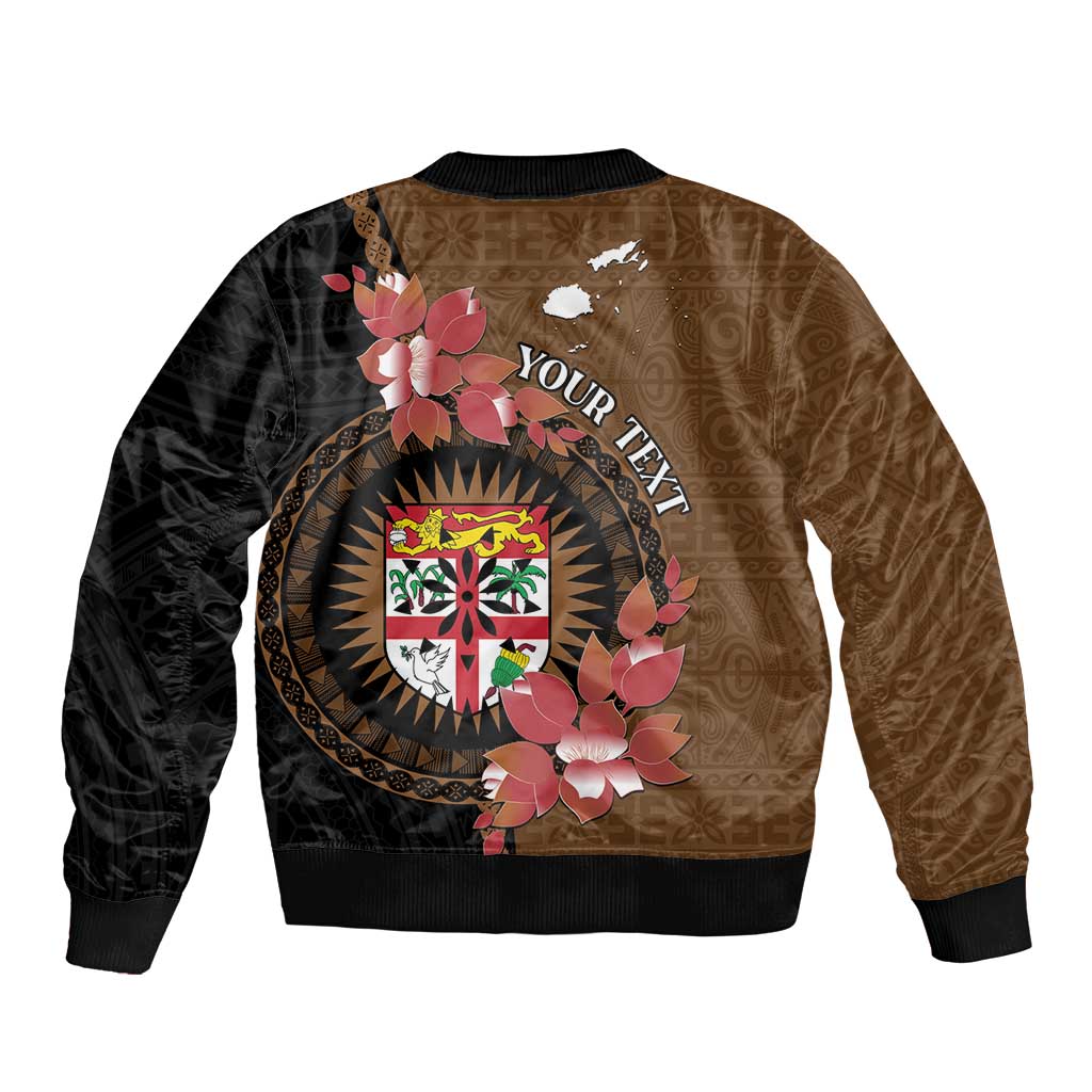 Personalised Fiji Day Sleeve Zip Bomber Jacket Fijian Tapa Pattern Mix Tagimoucia - Brown Version