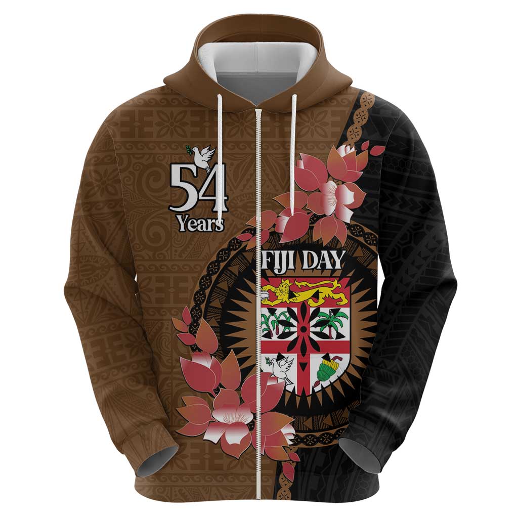 Personalised Fiji Day Zip Hoodie Fijian Tapa Pattern Mix Tagimoucia - Brown Version