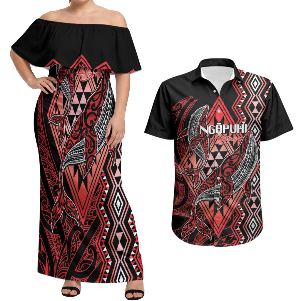 Aotearoa Iwi Ngapuhi Personalised Couples Matching Off Shoulder Maxi Dress and Hawaiian Shirt NZ Maori Humpback Whale Taniko Motifs LT14 Red - Polynesian Pride