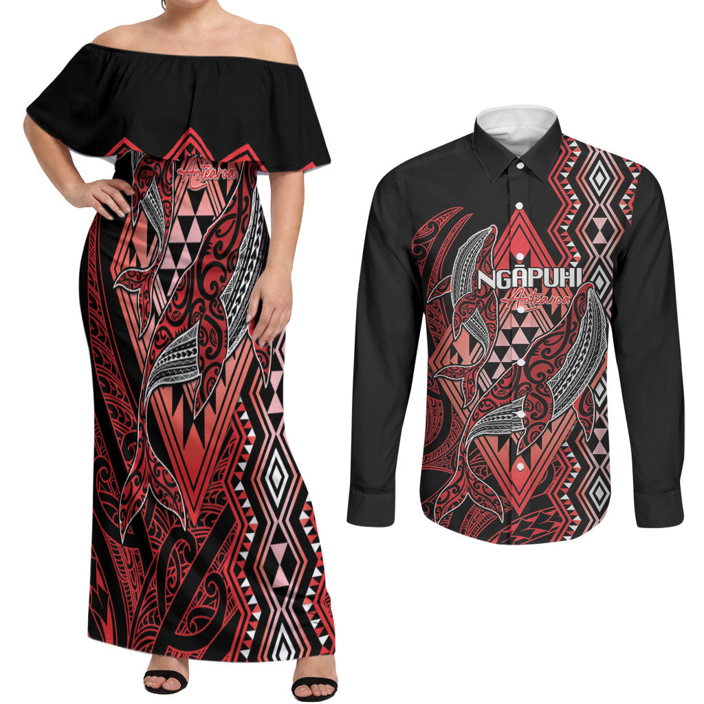 Aotearoa Iwi Ngapuhi Personalised Couples Matching Off Shoulder Maxi Dress and Long Sleeve Button Shirt NZ Maori Humpback Whale Taniko Motifs LT14 Red - Polynesian Pride