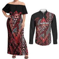 Aotearoa Iwi Ngapuhi Personalised Couples Matching Off Shoulder Maxi Dress and Long Sleeve Button Shirt NZ Maori Humpback Whale Taniko Motifs LT14 Red - Polynesian Pride
