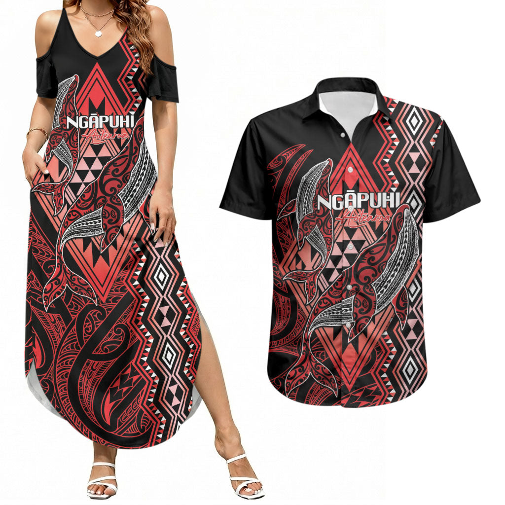 Aotearoa Iwi Ngapuhi Personalised Couples Matching Summer Maxi Dress and Hawaiian Shirt NZ Maori Humpback Whale Taniko Motifs LT14 Red - Polynesian Pride