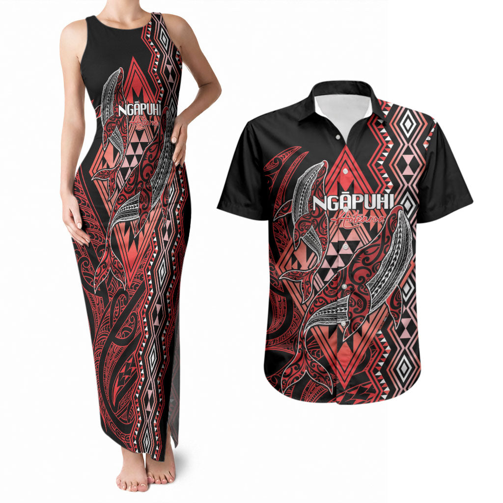 Aotearoa Iwi Ngapuhi Personalised Couples Matching Tank Maxi Dress and Hawaiian Shirt NZ Maori Humpback Whale Taniko Motifs LT14 Red - Polynesian Pride