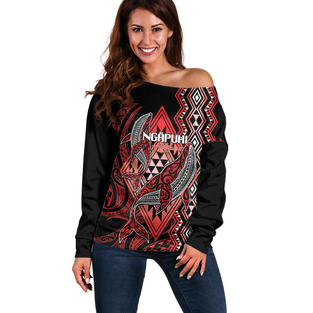 Aotearoa Iwi Ngapuhi Personalised Off Shoulder Sweater NZ Maori Humpback Whale Taniko Motifs LT14 Women Red - Polynesian Pride