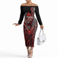Aotearoa Iwi Ngapuhi Personalised Off The Shoulder Long Sleeve Dress NZ Maori Humpback Whale Taniko Motifs LT14 Women Red - Polynesian Pride