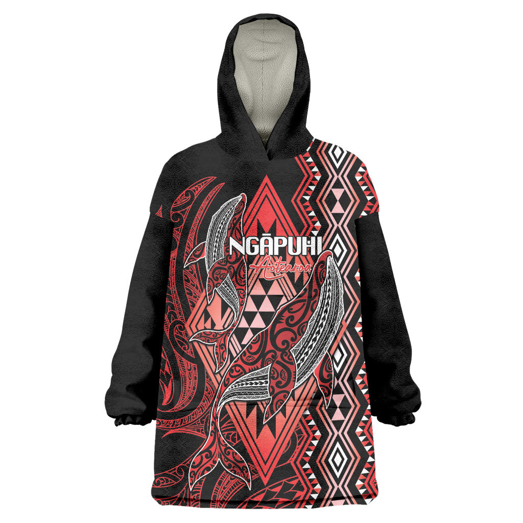 Aotearoa Iwi Ngapuhi Personalised Wearable Blanket Hoodie NZ Maori Humpback Whale Taniko Motifs LT14 One Size Red - Polynesian Pride