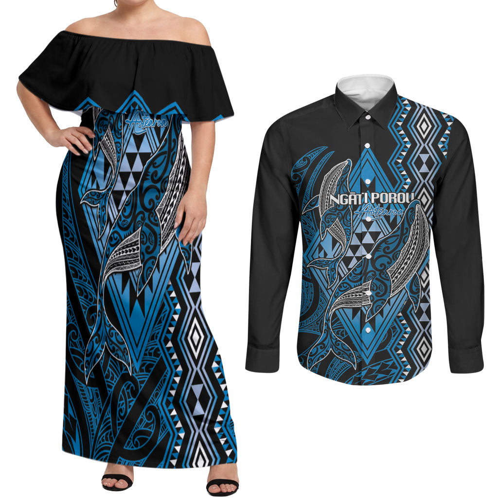 Aotearoa Iwi Ngati Porou Personalised Couples Matching Off Shoulder Maxi Dress and Long Sleeve Button Shirt NZ Maori Humpback Whale Taniko Motifs LT14 Blue - Polynesian Pride