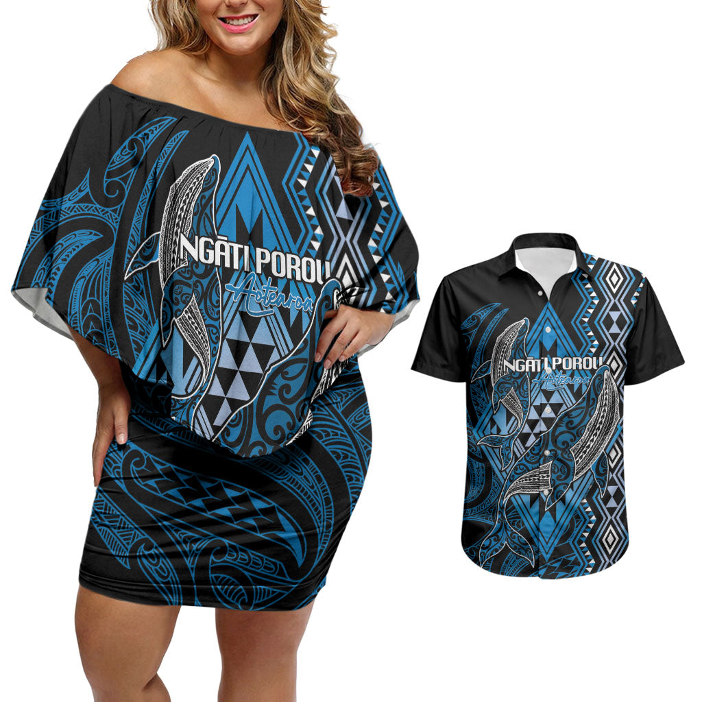 Aotearoa Iwi Ngati Porou Personalised Couples Matching Off Shoulder Short Dress and Hawaiian Shirt NZ Maori Humpback Whale Taniko Motifs LT14 Blue - Polynesian Pride