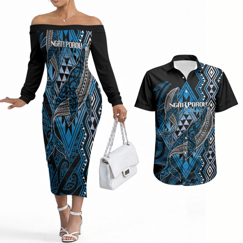 Aotearoa Iwi Ngati Porou Personalised Couples Matching Off The Shoulder Long Sleeve Dress and Hawaiian Shirt NZ Maori Humpback Whale Taniko Motifs LT14 Blue - Polynesian Pride
