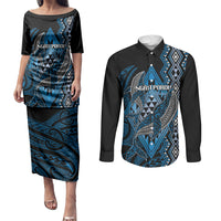 Aotearoa Iwi Ngati Porou Personalised Couples Matching Puletasi and Long Sleeve Button Shirt NZ Maori Humpback Whale Taniko Motifs LT14 Blue - Polynesian Pride