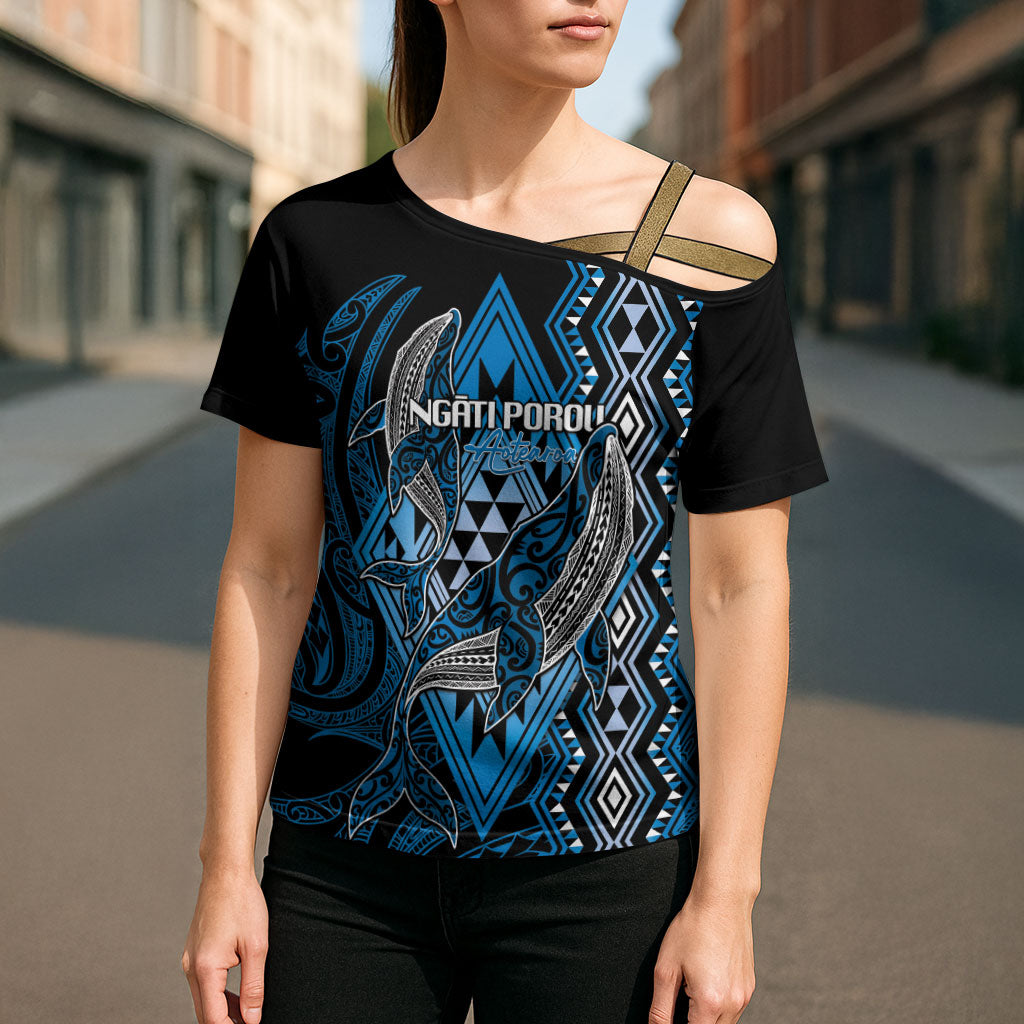 Aotearoa Iwi Ngati Porou Personalised Cross Shoulder Shirt NZ Maori Humpback Whale Taniko Motifs LT14 - Polynesian Pride
