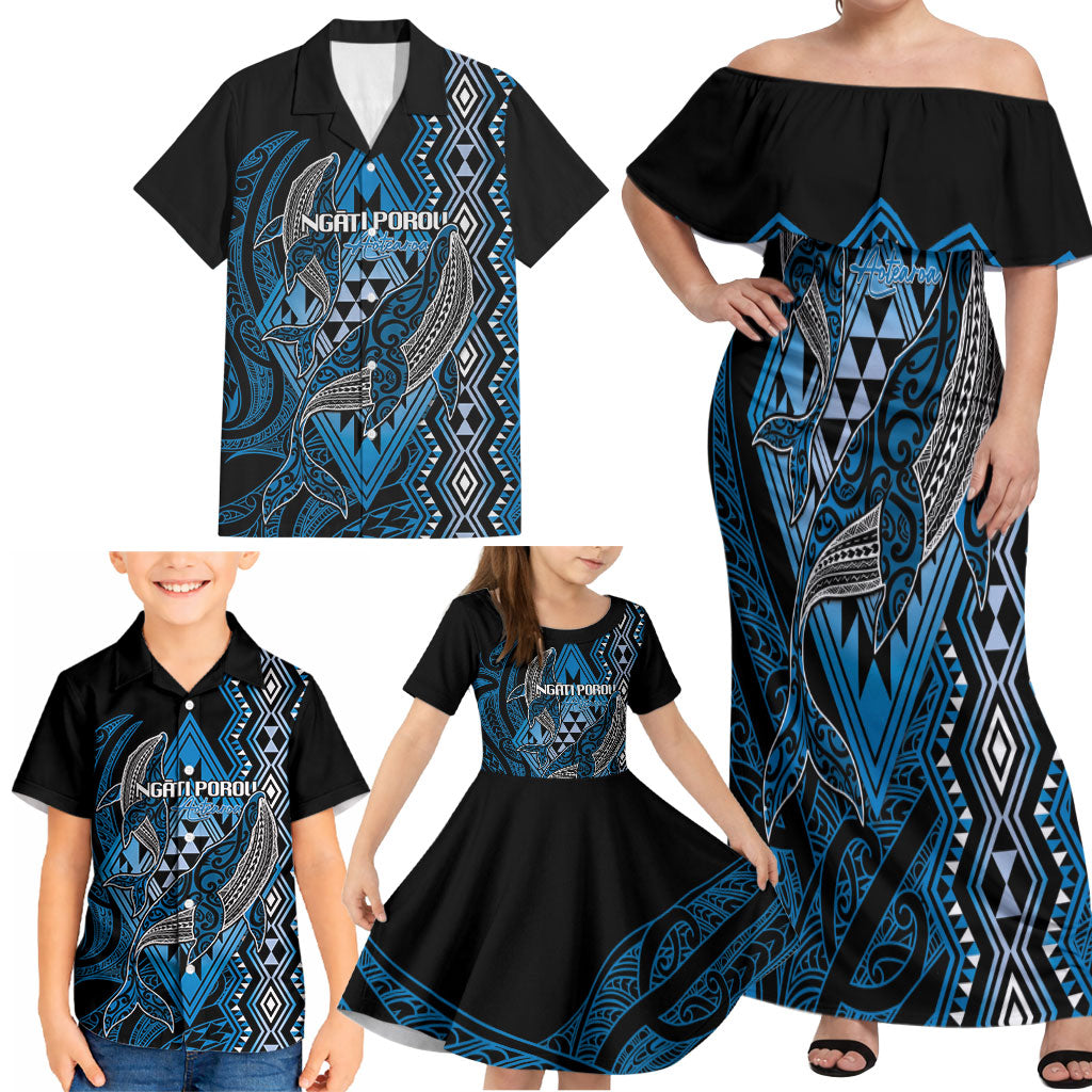 Aotearoa Iwi Ngati Porou Personalised Family Matching Off Shoulder Maxi Dress and Hawaiian Shirt NZ Maori Humpback Whale Taniko Motifs LT14 - Polynesian Pride