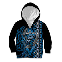 Aotearoa Iwi Ngati Porou Personalised Kid Hoodie NZ Maori Humpback Whale Taniko Motifs LT14 Zip Hoodie Blue - Polynesian Pride