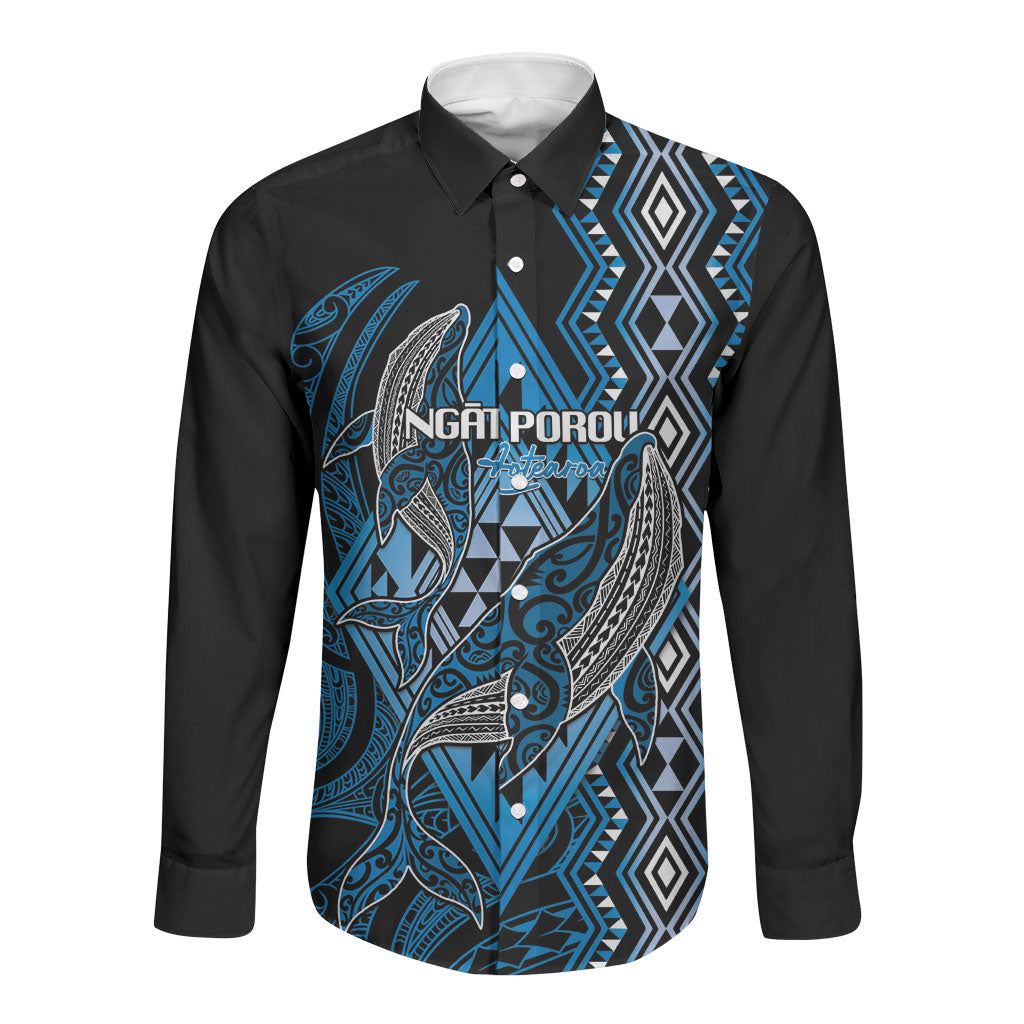 Aotearoa Iwi Ngati Porou Personalised Long Sleeve Button Shirt NZ Maori Humpback Whale Taniko Motifs LT14 Unisex Blue - Polynesian Pride