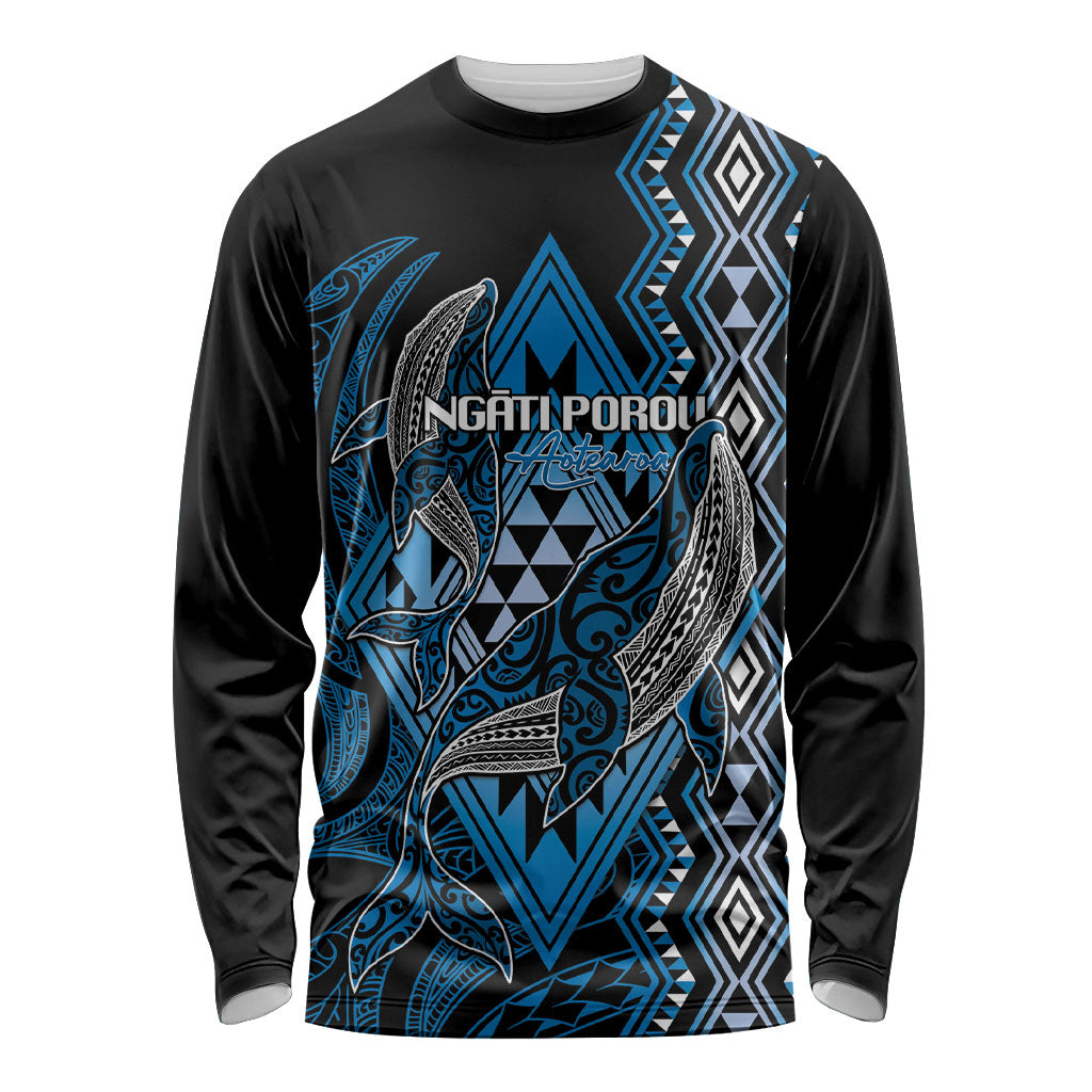 Aotearoa Iwi Ngati Porou Personalised Long Sleeve Shirt NZ Maori Humpback Whale Taniko Motifs LT14 Unisex Blue - Polynesian Pride