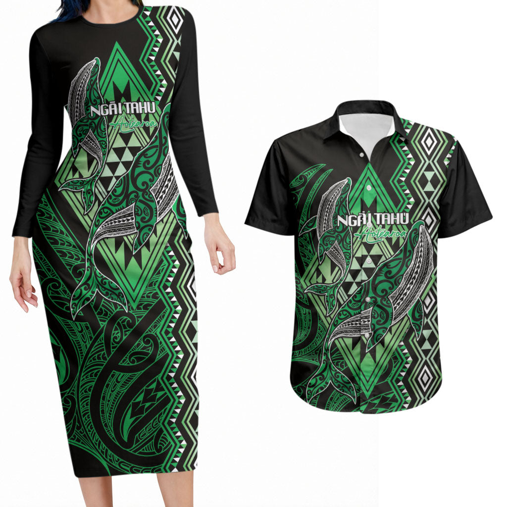 Aotearoa Iwi Ngai Tahu Personalised Couples Matching Long Sleeve Bodycon Dress and Hawaiian Shirt NZ Maori Humpback Whale Taniko Motifs