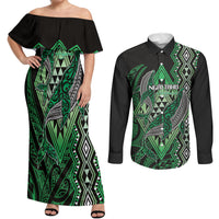 Aotearoa Iwi Ngai Tahu Personalised Couples Matching Off Shoulder Maxi Dress and Long Sleeve Button Shirt NZ Maori Humpback Whale Taniko Motifs LT14 Green - Polynesian Pride