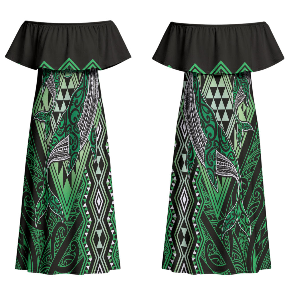 Aotearoa Iwi Ngai Tahu Personalised Couples Matching Off Shoulder Maxi Dress and Long Sleeve Button Shirt NZ Maori Humpback Whale Taniko Motifs LT14 - Polynesian Pride