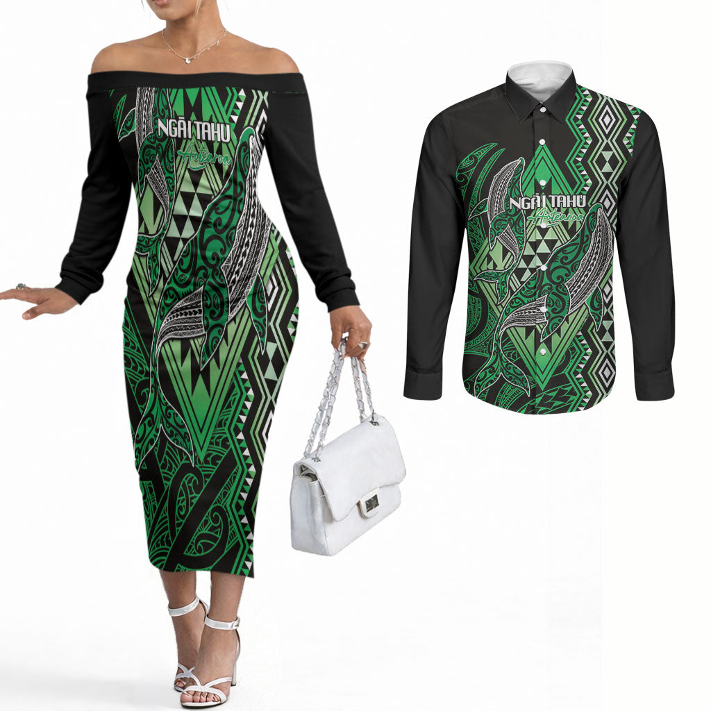 Aotearoa Iwi Ngai Tahu Personalised Couples Matching Off The Shoulder Long Sleeve Dress and Long Sleeve Button Shirt NZ Maori Humpback Whale Taniko Motifs LT14 Green - Polynesian Pride