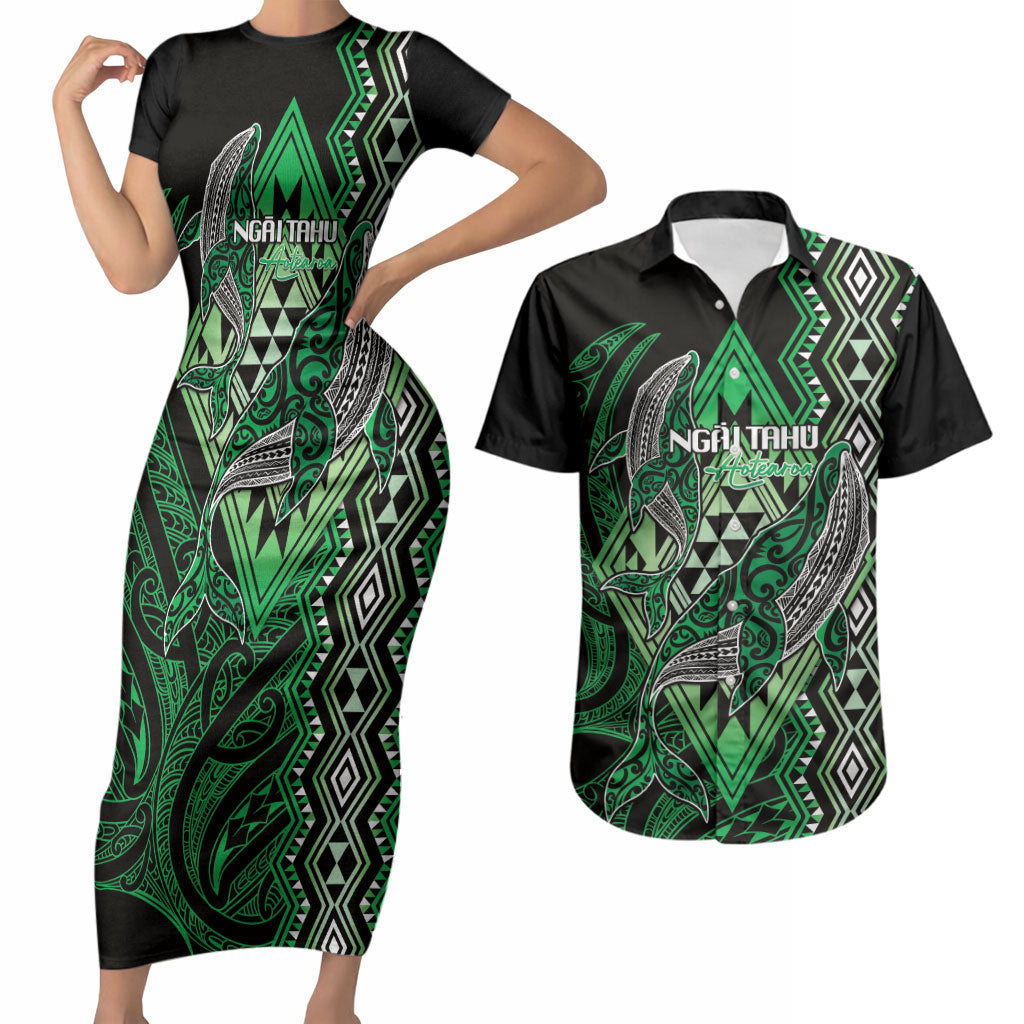 Aotearoa Iwi Ngai Tahu Personalised Couples Matching Short Sleeve Bodycon Dress and Hawaiian Shirt NZ Maori Humpback Whale Taniko Motifs