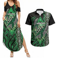 Aotearoa Iwi Ngai Tahu Personalised Couples Matching Summer Maxi Dress and Hawaiian Shirt NZ Maori Humpback Whale Taniko Motifs LT14 Green - Polynesian Pride