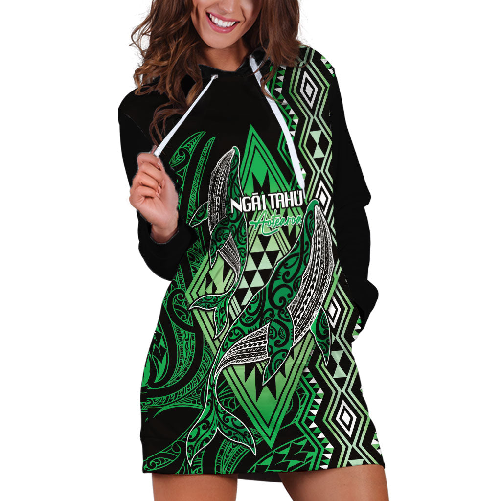 Aotearoa Iwi Ngai Tahu Personalised Hoodie Dress NZ Maori Humpback Whale Taniko Motifs LT14 Green - Polynesian Pride