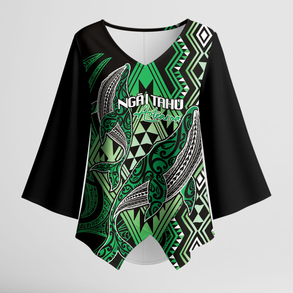 Aotearoa Iwi Ngai Tahu Personalised Kimono Sleeve Blouse NZ Maori Humpback Whale Taniko Motifs LT14 Female Green - Polynesian Pride