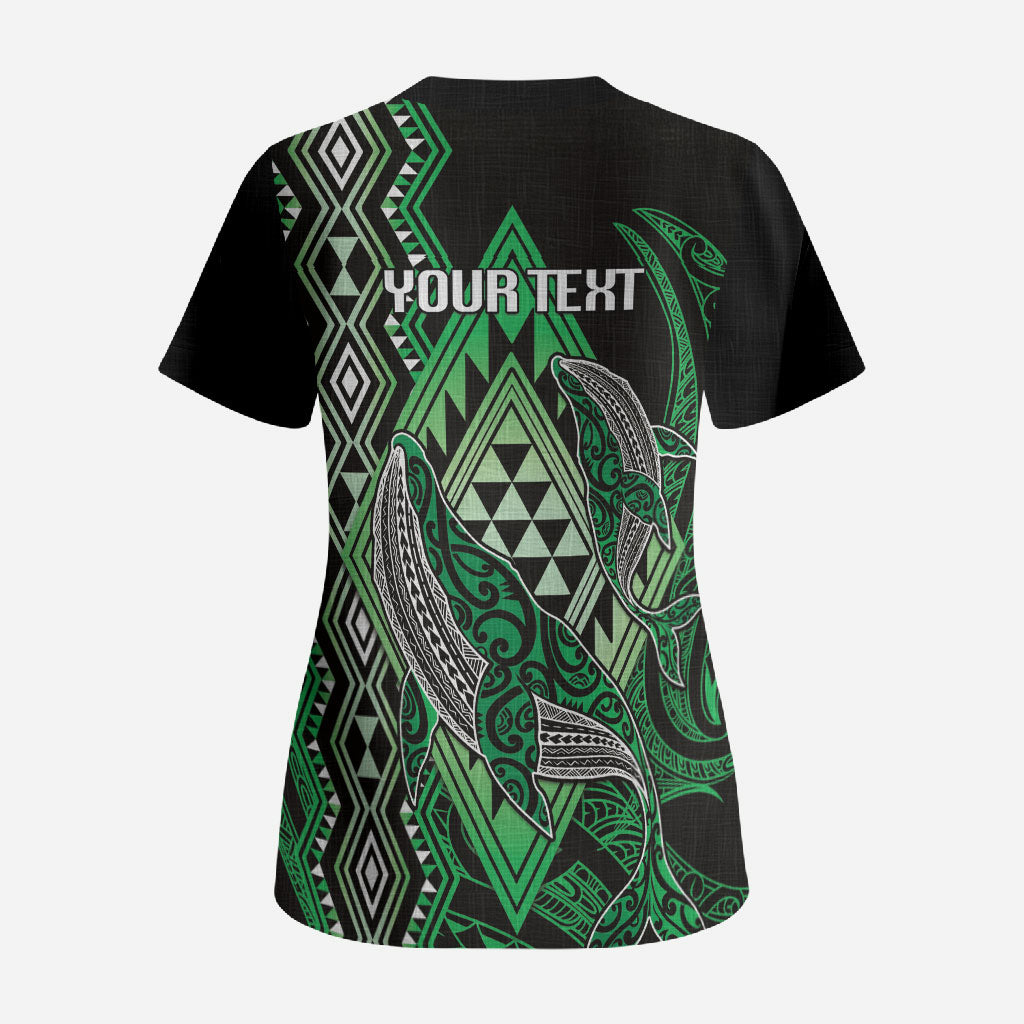Aotearoa Iwi Ngai Tahu Personalised Scrub Top NZ Maori Humpback Whale Taniko Motifs LT14 - Polynesian Pride