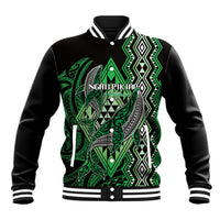 Aotearoa Iwi Ngati Pikiao Personalised Baseball Jacket NZ Maori Humpback Whale Taniko Motifs LT14 Unisex Green - Polynesian Pride
