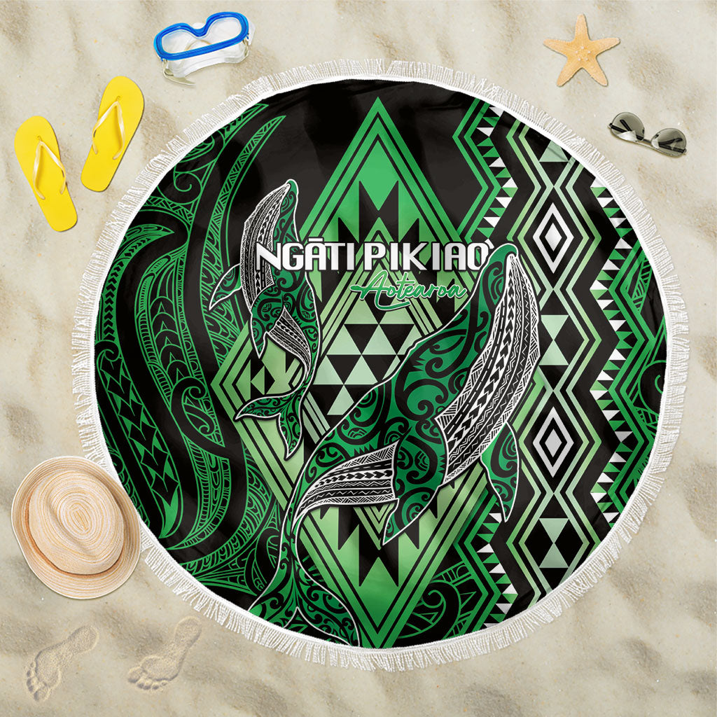 Aotearoa Iwi Ngati Pikiao Beach Blanket NZ Maori Humpback Whale Taniko Motifs LT14 One Size 150cm Green - Polynesian Pride