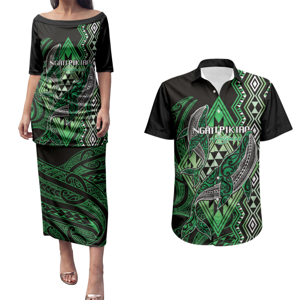 Aotearoa Iwi Ngati Pikiao Personalised Couples Matching Puletasi and Hawaiian Shirt NZ Maori Humpback Whale Taniko Motifs LT14 Green - Polynesian Pride