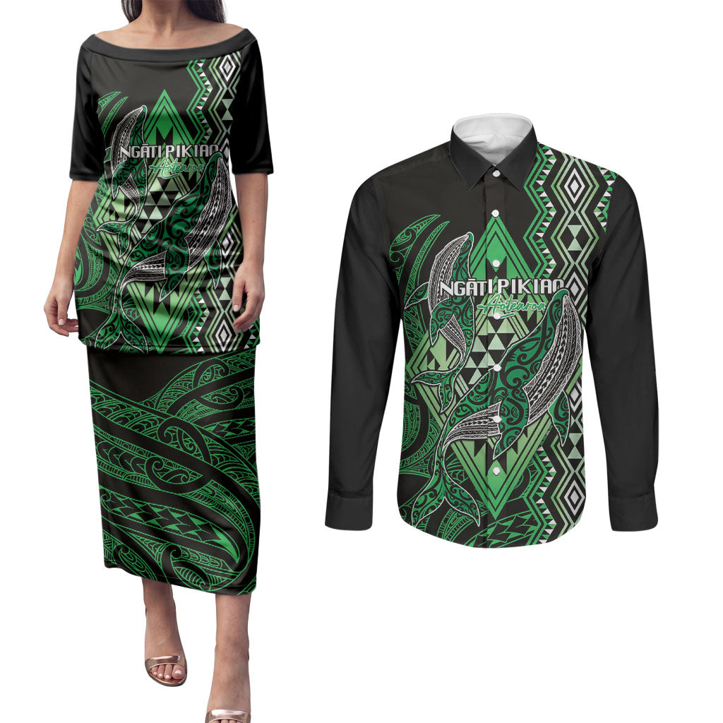 Aotearoa Iwi Ngati Pikiao Personalised Couples Matching Puletasi and Long Sleeve Button Shirt NZ Maori Humpback Whale Taniko Motifs