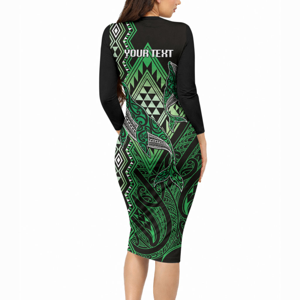 Aotearoa Iwi Ngati Pikiao Personalised Long Sleeve Bodycon Dress NZ Maori Humpback Whale Taniko Motifs LT14 - Polynesian Pride
