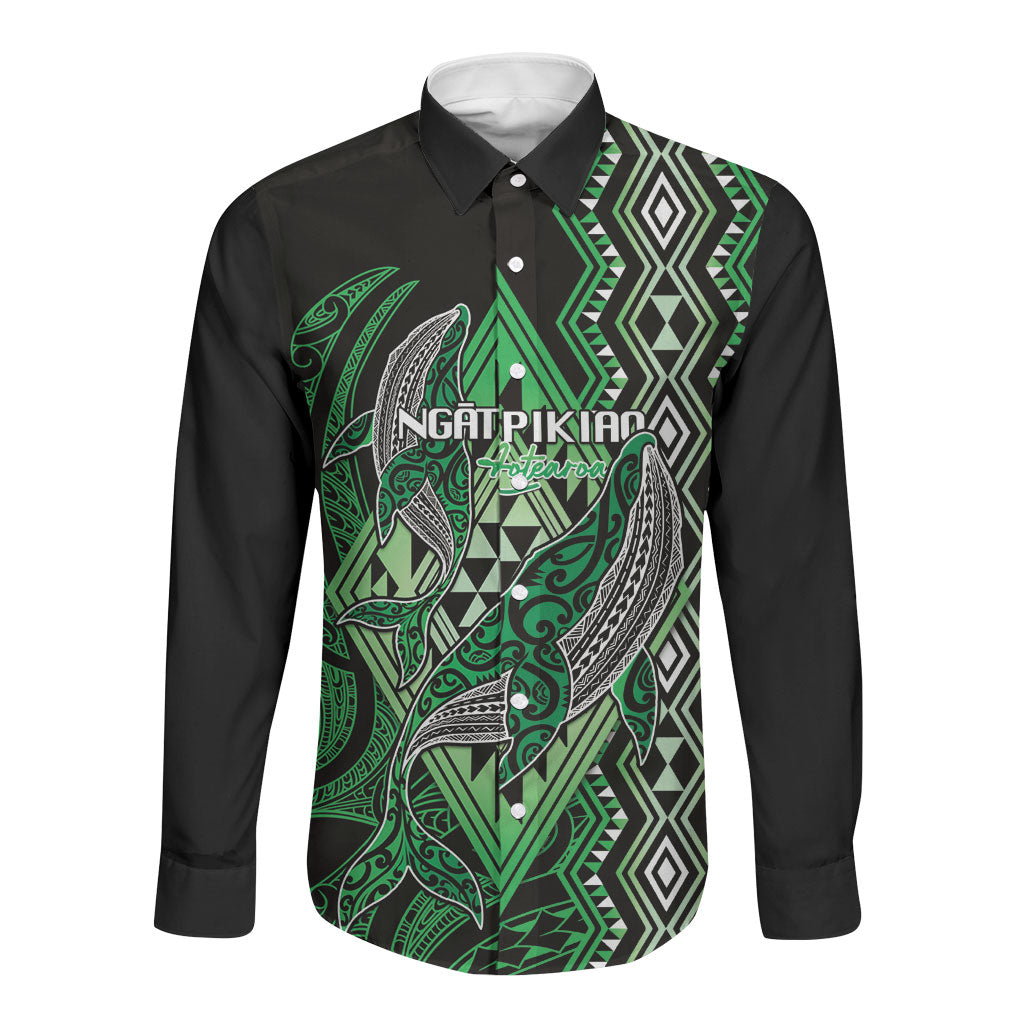 Aotearoa Iwi Ngati Pikiao Personalised Long Sleeve Button Shirt NZ Maori Humpback Whale Taniko Motifs LT14 Unisex Green - Polynesian Pride