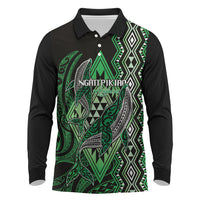Aotearoa Iwi Ngati Pikiao Personalised Long Sleeve Polo Shirt NZ Maori Humpback Whale Taniko Motifs LT14 Green - Polynesian Pride