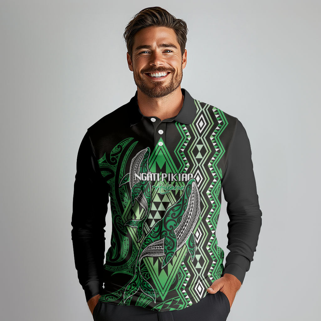 Aotearoa Iwi Ngati Pikiao Personalised Long Sleeve Polo Shirt NZ Maori Humpback Whale Taniko Motifs LT14 - Polynesian Pride