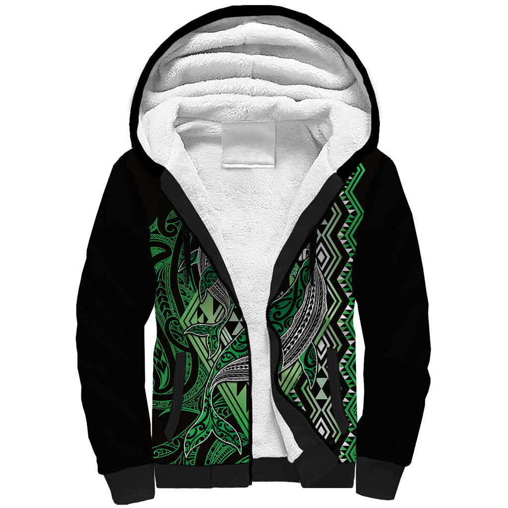 Aotearoa Iwi Ngati Pikiao Personalised Sherpa Hoodie NZ Maori Humpback Whale Taniko Motifs LT14 Unisex Green - Polynesian Pride